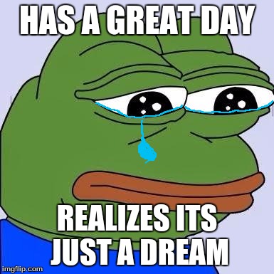 :( | HAS A GREAT DAY; REALIZES ITS JUST A DREAM | image tagged in pepe | made w/ Imgflip meme maker