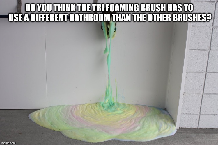 Trans brushin | DO YOU THINK THE TRI FOAMING BRUSH HAS TO USE A DIFFERENT BATHROOM THAN THE OTHER BRUSHES? | image tagged in transgender | made w/ Imgflip meme maker