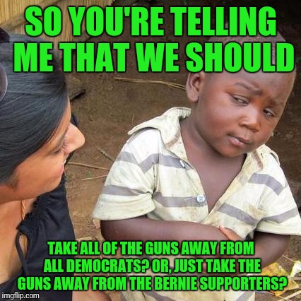 Third World Skeptical Kid Meme | SO YOU'RE TELLING ME THAT WE SHOULD TAKE ALL OF THE GUNS AWAY FROM ALL DEMOCRATS? OR, JUST TAKE THE GUNS AWAY FROM THE BERNIE SUPPORTERS? | image tagged in memes,third world skeptical kid | made w/ Imgflip meme maker