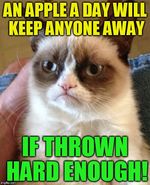 Grumpy Cat Meme | AN APPLE A DAY WILL KEEP ANYONE AWAY; IF THROWN HARD ENOUGH! | image tagged in memes,grumpy cat | made w/ Imgflip meme maker