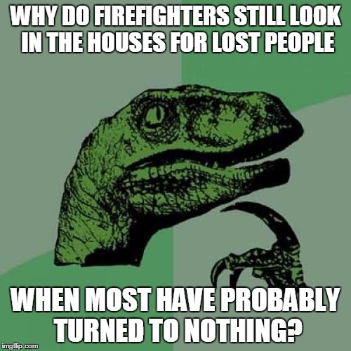 Just Saying | WHY DO FIREFIGHTERS STILL LOOK IN THE HOUSES FOR LOST PEOPLE; WHEN MOST HAVE PROBABLY TURNED TO NOTHING? | image tagged in memes,philosoraptor | made w/ Imgflip meme maker