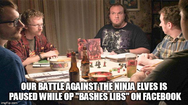 D&D OP | OUR BATTLE AGAINST THE NINJA ELVES IS PAUSED WHILE OP "BASHES LIBS" ON FACEBOOK | image tagged in op,libs,liberals,dd,nerd | made w/ Imgflip meme maker