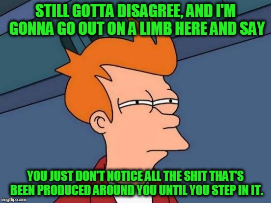 Futurama Fry Meme | STILL GOTTA DISAGREE, AND I'M GONNA GO OUT ON A LIMB HERE AND SAY YOU JUST DON'T NOTICE ALL THE SHIT THAT'S BEEN PRODUCED AROUND YOU UNTIL Y | image tagged in memes,futurama fry | made w/ Imgflip meme maker