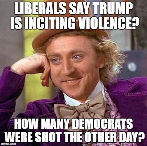 Creepy Condescending Wonka | LIBERALS SAY TRUMP IS INCITING VIOLENCE? HOW MANY DEMOCRATS WERE SHOT THE OTHER DAY? | image tagged in memes,creepy condescending wonka | made w/ Imgflip meme maker