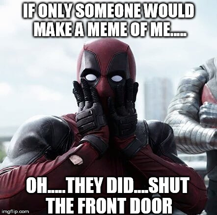 Deadpool Surprised | IF ONLY SOMEONE WOULD MAKE A MEME OF ME..... OH.....THEY DID....SHUT THE FRONT DOOR | image tagged in memes,deadpool surprised | made w/ Imgflip meme maker