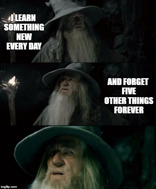 Confused Gandalf Meme | I LEARN SOMETHING NEW EVERY DAY; AND FORGET FIVE OTHER THINGS FOREVER | image tagged in memes,confused gandalf | made w/ Imgflip meme maker