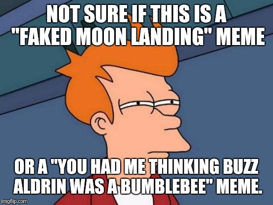 Futurama Fry Meme | NOT SURE IF THIS IS A "FAKED MOON LANDING" MEME OR A "YOU HAD ME THINKING BUZZ ALDRIN WAS A BUMBLEBEE" MEME. | image tagged in memes,futurama fry | made w/ Imgflip meme maker