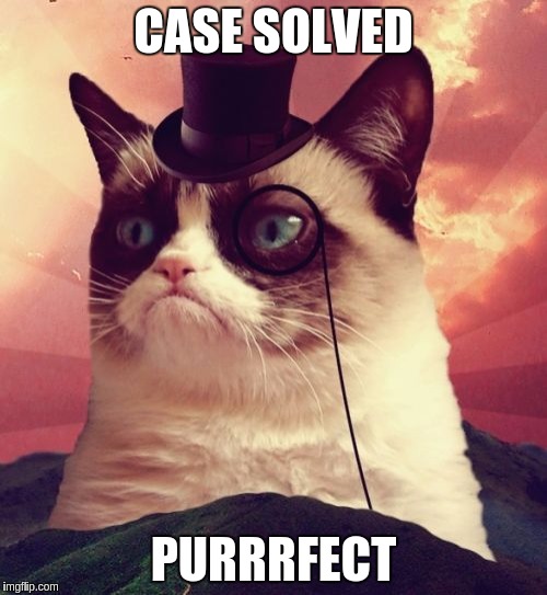 Grumpy Cat Top Hat Meme | CASE SOLVED; PURRRFECT | image tagged in memes,grumpy cat top hat,grumpy cat | made w/ Imgflip meme maker