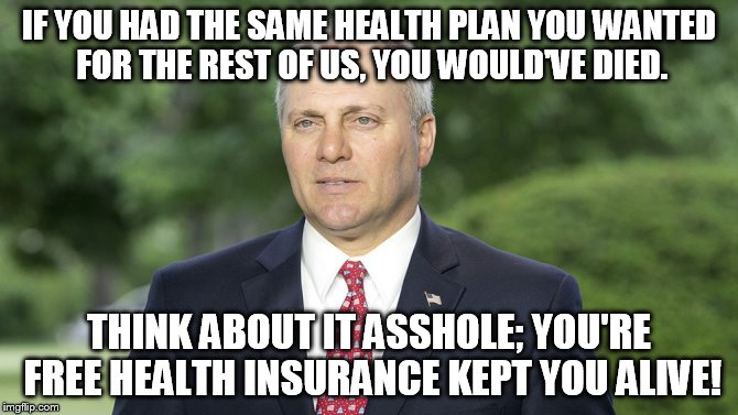 steve scalise | IF YOU HAD THE SAME HEALTH PLAN YOU WANTED FOR THE REST OF US, YOU WOULD'VE DIED. THINK ABOUT IT ASSHOLE; YOU'RE FREE HEALTH INSURANCE KEPT YOU ALIVE! | image tagged in steve | made w/ Imgflip meme maker