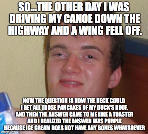 10 Guy | SO...THE OTHER DAY I WAS DRIVING MY CANOE DOWN THE HIGHWAY AND A WING FELL OFF. NOW THE QUESTION IS HOW THE HECK COULD I GET ALL THOSE PANCAKES OF MY DUCK'S ROOF. AND THEN THE ANSWER CAME TO ME LIKE A TOASTER AND I REALIZED THE ANSWER WAS PURPLE BECAUSE ICE CREAM DOES NOT HAVE ANY BONES WHATSOEVER | image tagged in memes,10 guy | made w/ Imgflip meme maker