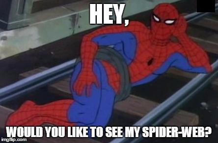 Pick-Up Line Sexy Railroad Spiderman | HEY, WOULD YOU LIKE TO SEE MY SPIDER-WEB? | image tagged in memes,sexy railroad spiderman,spiderman,pick-up line | made w/ Imgflip meme maker