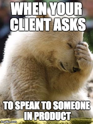 Facepalm Bear | WHEN YOUR CLIENT ASKS; TO SPEAK TO SOMEONE IN PRODUCT | image tagged in memes,facepalm bear | made w/ Imgflip meme maker