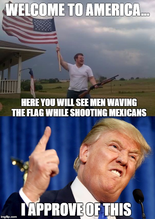 Donald trump supporters be like... |  WELCOME TO AMERICA... HERE YOU WILL SEE MEN WAVING THE FLAG WHILE SHOOTING MEXICANS; I APPROVE OF THIS | image tagged in donald trump,mexicans,american flag,make america great again | made w/ Imgflip meme maker