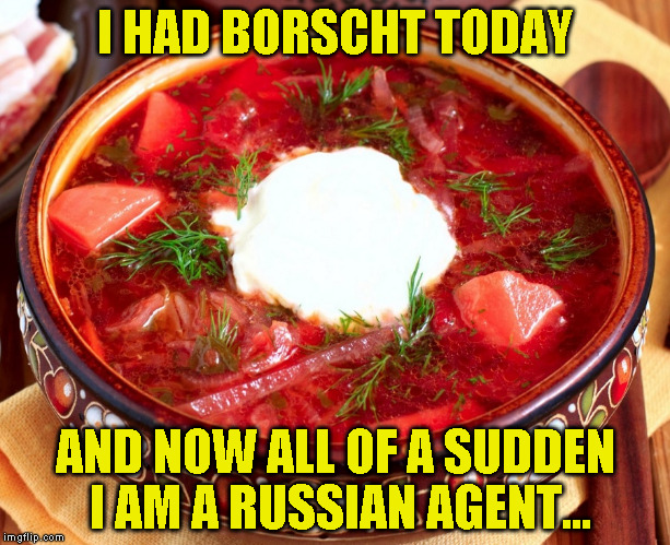I HAD BORSCHT TODAY; AND NOW ALL OF A SUDDEN I AM A RUSSIAN AGENT... | image tagged in borscht | made w/ Imgflip meme maker