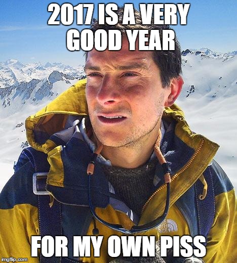 Bear Grylls | 2017 IS A VERY GOOD YEAR; FOR MY OWN PISS | image tagged in memes,bear grylls | made w/ Imgflip meme maker