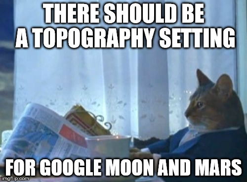 Or possibly a "terraform" setting | THERE SHOULD BE A TOPOGRAPHY SETTING; FOR GOOGLE MOON AND MARS | image tagged in memes,i should buy a boat cat | made w/ Imgflip meme maker