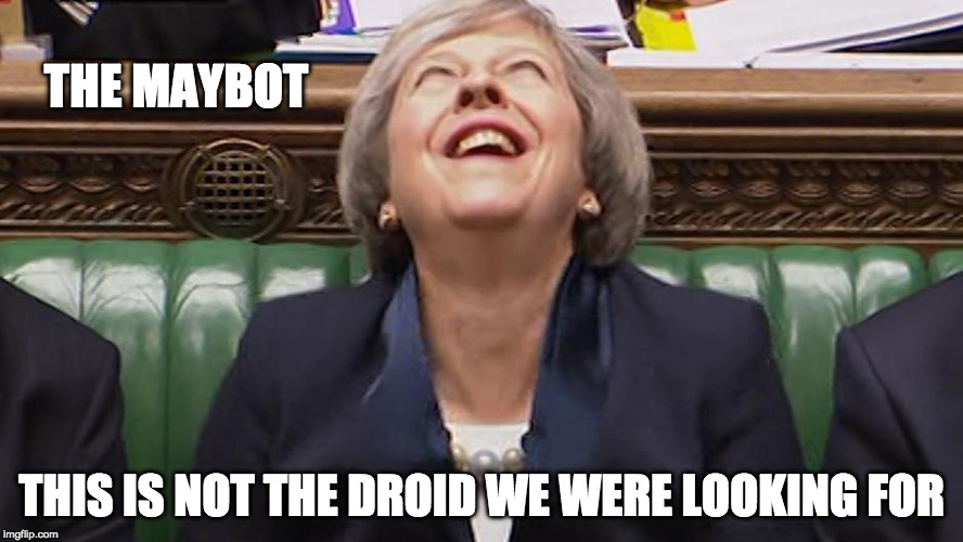 Theresa May Laughing | THE MAYBOT; THIS IS NOT THE DROID WE WERE LOOKING FOR | image tagged in theresa may laughing | made w/ Imgflip meme maker