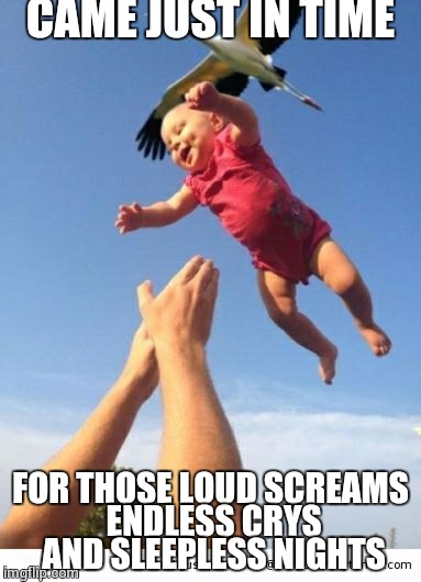 CAME JUST IN TIME; FOR THOSE LOUD SCREAMS ENDLESS CRYS AND SLEEPLESS NIGHTS | image tagged in baby | made w/ Imgflip meme maker
