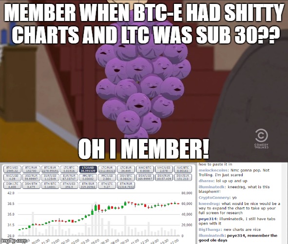BTC-e upgrades, member? | MEMBER WHEN BTC-E HAD SHITTY CHARTS AND LTC WAS SUB 30?? OH I MEMBER! | image tagged in memes,funny memes,bitcoin,trading,member berries,remember | made w/ Imgflip meme maker