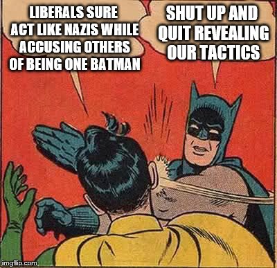 Batman Slapping Robin | LIBERALS SURE ACT LIKE NAZIS WHILE ACCUSING OTHERS OF BEING ONE BATMAN; SHUT UP AND QUIT REVEALING OUR TACTICS | image tagged in memes,batman slapping robin | made w/ Imgflip meme maker