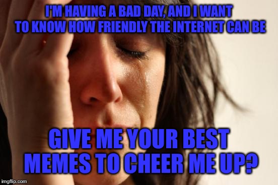 First World Problems | I'M HAVING A BAD DAY, AND I WANT TO KNOW HOW FRIENDLY THE INTERNET CAN BE; GIVE ME YOUR BEST MEMES TO CHEER ME UP? | image tagged in memes,first world problems | made w/ Imgflip meme maker