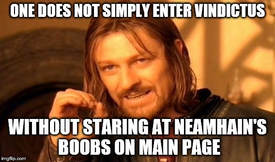 One Does Not Simply Meme | ONE DOES NOT SIMPLY ENTER VINDICTUS; WITHOUT STARING AT NEAMHAIN'S BOOBS ON MAIN PAGE | image tagged in memes,one does not simply | made w/ Imgflip meme maker