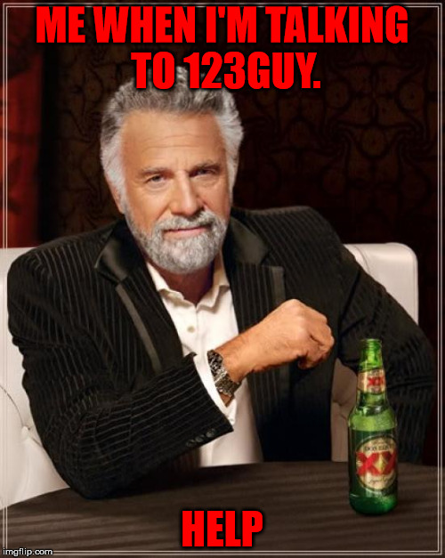 The Most Interesting Man In The World Meme | ME WHEN I'M TALKING TO 123GUY. HELP | image tagged in memes,the most interesting man in the world | made w/ Imgflip meme maker