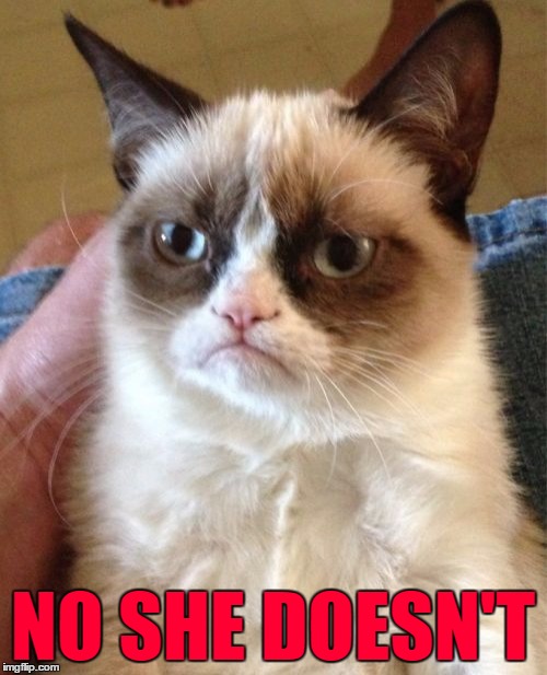 Grumpy Cat Meme | NO SHE DOESN'T | image tagged in memes,grumpy cat | made w/ Imgflip meme maker