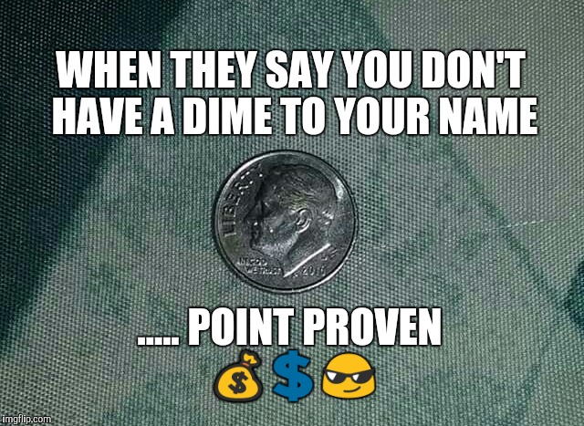 A Dime To Your Name | WHEN THEY SAY YOU DON'T HAVE A DIME TO YOUR NAME; ..... POINT PROVEN          💰💲😎 | image tagged in dime,point proven | made w/ Imgflip meme maker