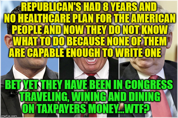 Republicans1234 | REPUBLICAN'S HAD 8 YEARS AND NO HEALTHCARE PLAN FOR THE AMERICAN PEOPLE AND NOW THEY DO NOT KNOW WHAT TO DO BECAUSE NONE OF THEM ARE CAPABLE ENOUGH TO WRITE ONE; BET YET THEY HAVE BEEN IN CONGRESS TRAVELING, WINING AND DINING ON TAXPAYERS MONEY...WTF? | image tagged in republicans1234 | made w/ Imgflip meme maker