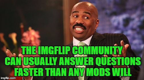 Steve Harvey Meme | THE IMGFLIP COMMUNITY CAN USUALLY ANSWER QUESTIONS FASTER THAN ANY MODS WILL | image tagged in memes,steve harvey | made w/ Imgflip meme maker