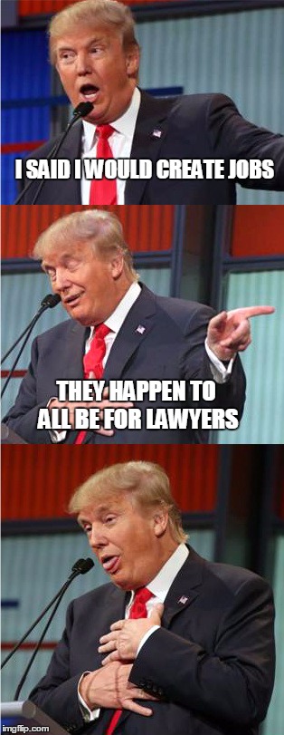 Bad Pun Trump | I SAID I WOULD CREATE JOBS; THEY HAPPEN TO ALL BE FOR LAWYERS | image tagged in bad pun trump | made w/ Imgflip meme maker