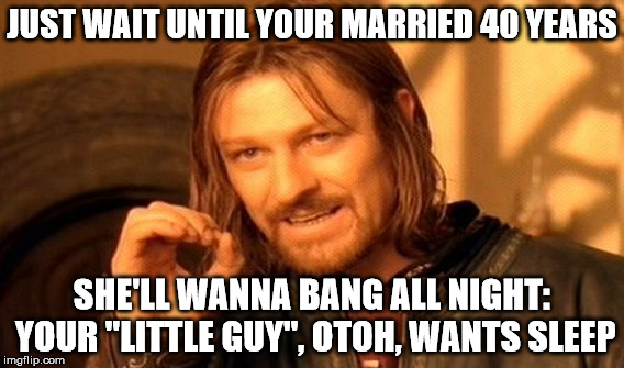 One Does Not Simply Meme | JUST WAIT UNTIL YOUR MARRIED 40 YEARS SHE'LL WANNA BANG ALL NIGHT: YOUR "LITTLE GUY", OTOH, WANTS SLEEP | image tagged in memes,one does not simply | made w/ Imgflip meme maker