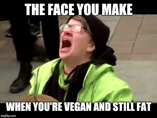 THE FACE YOU MAKE; WHEN YOU'RE VEGAN AND STILL FAT | image tagged in protester | made w/ Imgflip meme maker