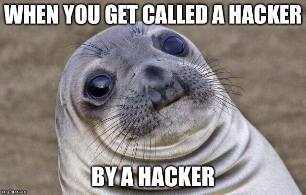 Awkward Moment Sealion Meme | WHEN YOU GET CALLED A HACKER; BY A HACKER | image tagged in memes,awkward moment sealion | made w/ Imgflip meme maker