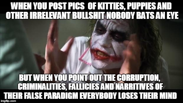 And everybody loses their minds Meme | WHEN YOU POST PICS  OF KITTIES, PUPPIES AND OTHER IRRELEVANT BULLSHIT NOBODY BATS AN EYE; BUT WHEN YOU POINT OUT THE CORRUPTION, CRIMINALITIES, FALLICIES AND NARRITIVES OF THEIR FALSE PARADIGM EVERYBODY LOSES THEIR MIND | image tagged in memes,and everybody loses their minds | made w/ Imgflip meme maker