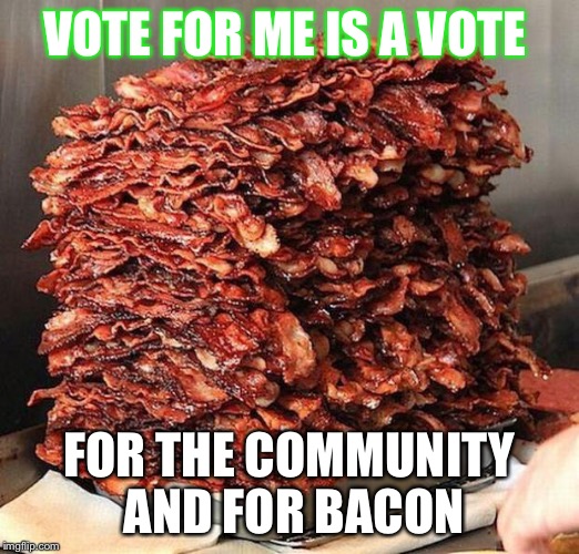bacon | VOTE FOR ME IS A VOTE; FOR THE COMMUNITY AND FOR
BACON | image tagged in bacon | made w/ Imgflip meme maker
