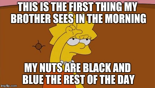 Lisa Simpson loser  | THIS IS THE FIRST THING MY BROTHER SEES IN THE MORNING; MY NUTS ARE BLACK AND BLUE THE REST OF THE DAY | image tagged in i wish this wasn't true | made w/ Imgflip meme maker