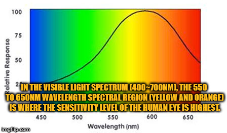 Light | IN THE VISIBLE LIGHT SPECTRUM (400~700NM), THE 550 TO 650NM WAVELENGTH SPECTRAL REGION (YELLOW AND ORANGE) IS WHERE THE SENSITIVITY LEVEL OF THE HUMAN EYE IS HIGHEST. | image tagged in light,visible light spectrum,gold | made w/ Imgflip meme maker