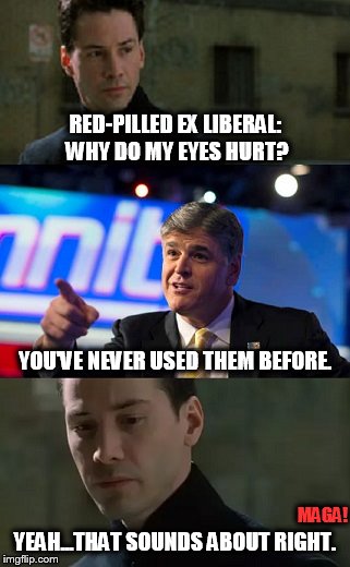 Red-Pilled Ex Liberal | RED-PILLED EX LIBERAL: WHY DO MY EYES HURT? YOU'VE NEVER USED THEM BEFORE. MAGA! YEAH...THAT SOUNDS ABOUT RIGHT. | image tagged in red pill,sean hannity,politics,maga,memes,liberal vs conservative | made w/ Imgflip meme maker