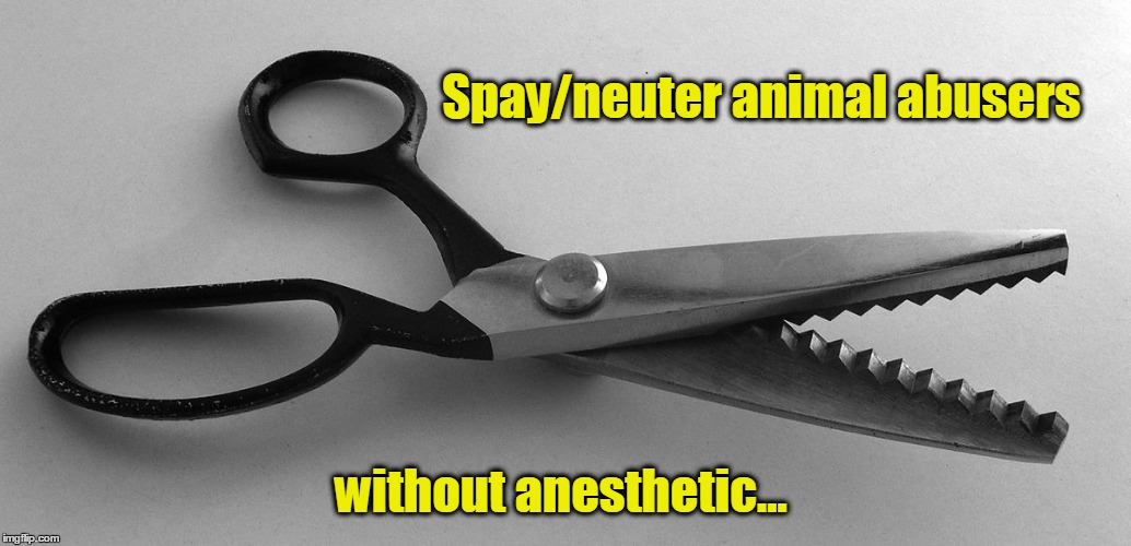 Pinking Shears | Spay/neuter animal abusers; without anesthetic... | image tagged in pinking shears | made w/ Imgflip meme maker