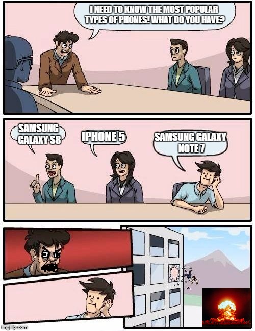 Boardroom Meeting Suggestion Meme | I NEED TO KNOW THE MOST POPULAR TYPES OF PHONES! WHAT DO YOU HAVE? SAMSUNG GALAXY S8; IPHONE 5; SAMSUNG GALAXY NOTE 7 | image tagged in memes,boardroom meeting suggestion | made w/ Imgflip meme maker