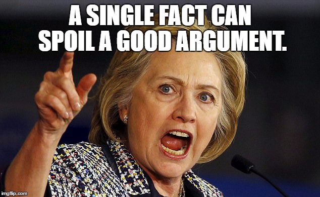 A SINGLE FACT CAN SPOIL A GOOD ARGUMENT. | image tagged in hhillary on facts | made w/ Imgflip meme maker