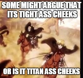 Titan Ass Cheekz? | SOME MIGHT ARGUE THAT ITS TIGHT ASS CHEEKS; OR IS IT TITAN ASS CHEEKS | image tagged in attack on titan,questioning,anime,memes,ass cheeks | made w/ Imgflip meme maker