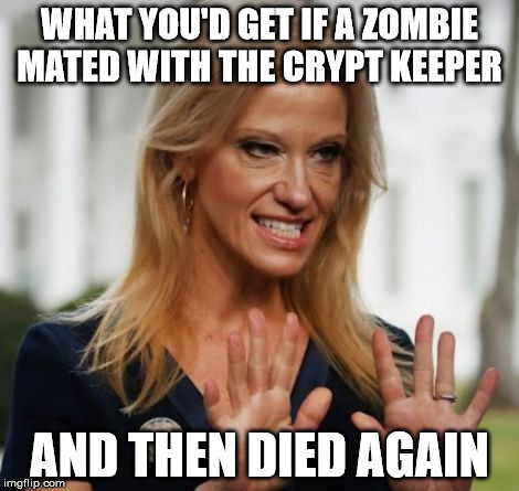 Evil Kelly Ann Conway | WHAT YOU'D GET IF A ZOMBIE MATED WITH THE CRYPT KEEPER; AND THEN DIED AGAIN | image tagged in evil kelly ann conway | made w/ Imgflip meme maker