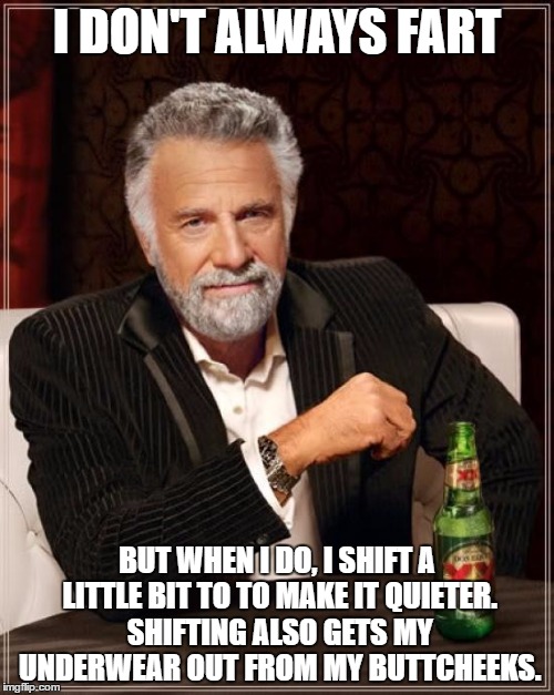 The Most Interesting Man In The World Meme | I DON'T ALWAYS FART; BUT WHEN I DO, I SHIFT A LITTLE BIT TO TO MAKE IT QUIETER. SHIFTING ALSO GETS MY UNDERWEAR OUT FROM MY BUTTCHEEKS. | image tagged in memes,the most interesting man in the world | made w/ Imgflip meme maker