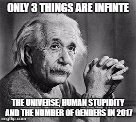 genders | ONLY 3 THINGS ARE INFINTE; THE UNIVERSE, HUMAN STUPIDITY AND THE NUMBER OF GENDERS IN 2017 | image tagged in albert einstein,gender | made w/ Imgflip meme maker