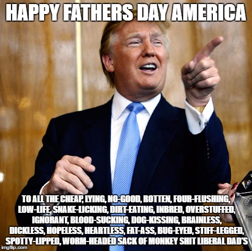 Donal Trump Birthday | HAPPY FATHERS DAY AMERICA; TO ALL THE CHEAP, LYING, NO-GOOD, ROTTEN, FOUR-FLUSHING, LOW-LIFE, SNAKE-LICKING, DIRT-EATING, INBRED, OVERSTUFFED, IGNORANT, BLOOD-SUCKING, DOG-KISSING, BRAINLESS, DICKLESS, HOPELESS, HEARTLESS, FAT-ASS, BUG-EYED, STIFF-LEGGED, SPOTTY-LIPPED, WORM-HEADED SACK OF MONKEY SHIT LIBERAL DAD'S | image tagged in donal trump birthday | made w/ Imgflip meme maker