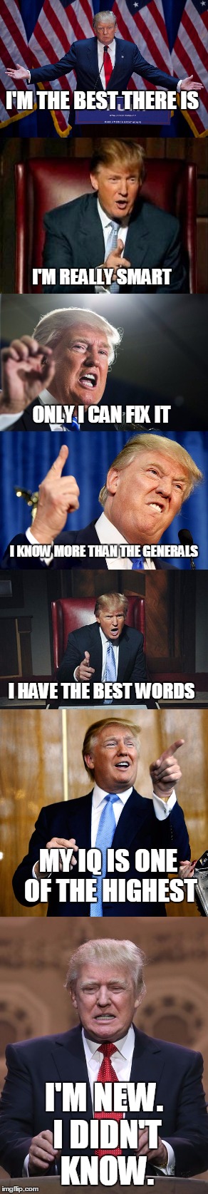 He is awesome.....until he isn't. | I'M THE BEST THERE IS; I'M REALLY SMART; ONLY I CAN FIX IT; I KNOW MORE THAN THE GENERALS; I HAVE THE BEST WORDS; MY IQ IS ONE OF THE HIGHEST; I'M NEW. I DIDN'T KNOW. | image tagged in donald trump | made w/ Imgflip meme maker