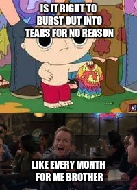 IS IT RIGHT TO BURST OUT INTO TEARS FOR NO REASON; LIKE EVERY MONTH FOR ME BROTHER | image tagged in sad stewie | made w/ Imgflip meme maker